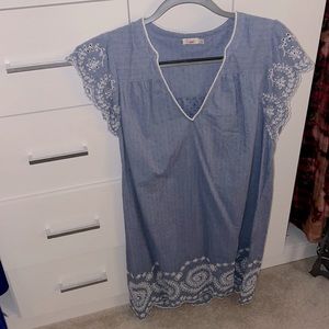 Perfect beachside dress. Never worn. Blue chambray with amazing detail. Size L.